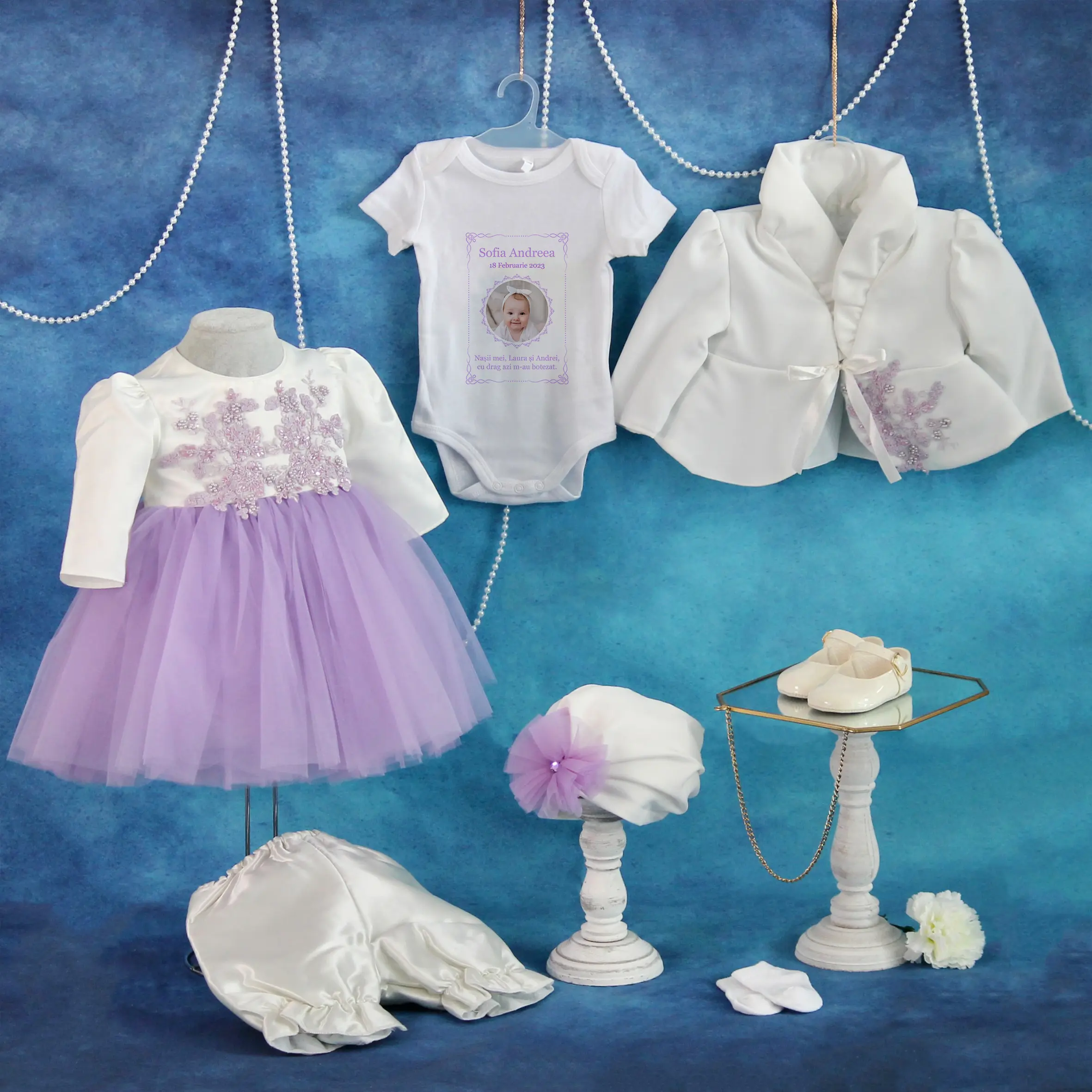 tinuta completa botez feather 7 piese personalizat mov lila fetita