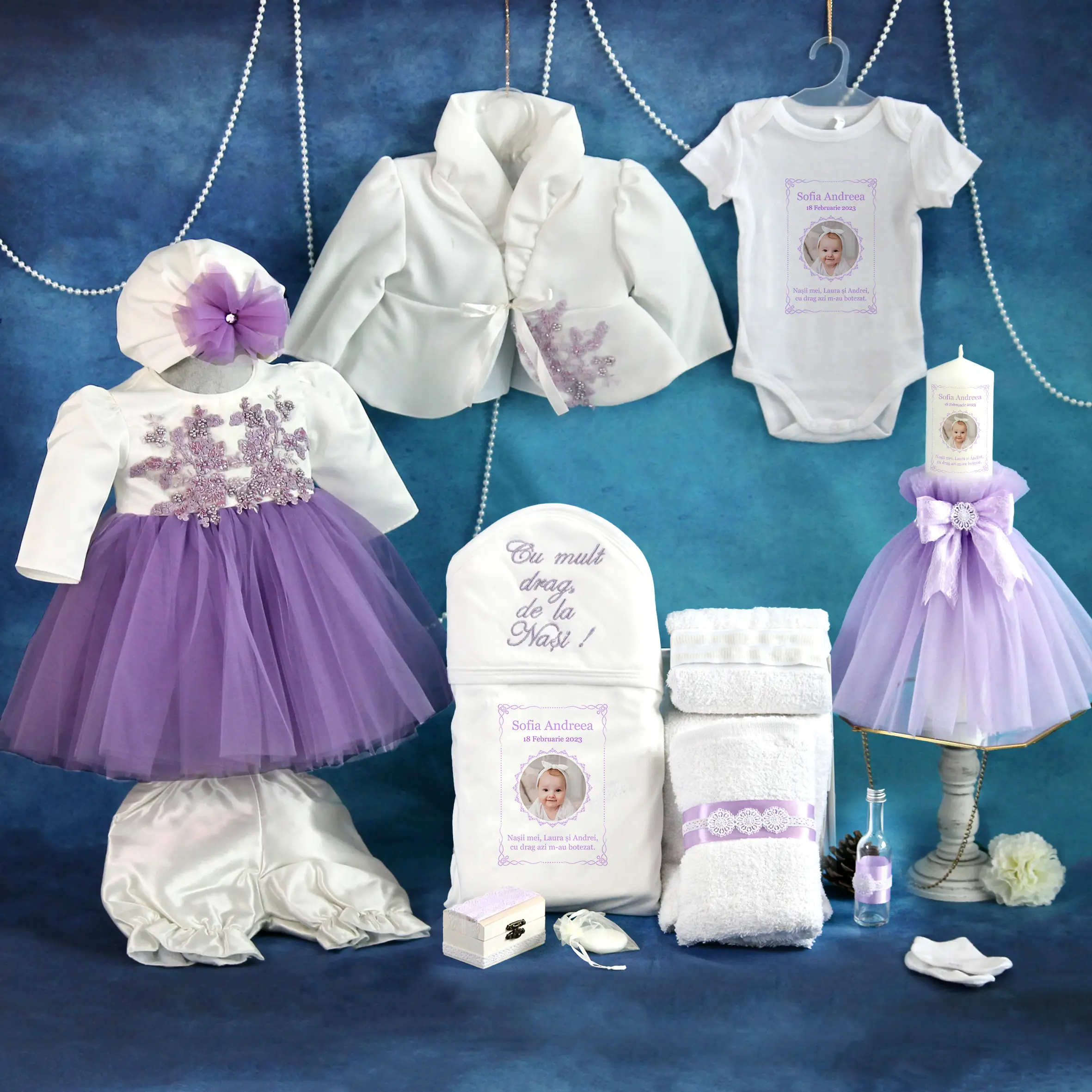 trusou set complet botez personalizat fetita feather mov lila 15 piese